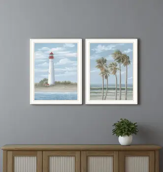 Set Of Two Cape May Lighthouse And Palm Trees White Framed Wall Art