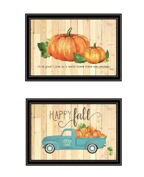 Set Of Two Happy Fall October Pumpkins Black Framed Wall Art