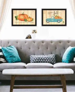 Set Of Two Happy Fall October Pumpkins Black Framed Wall Art