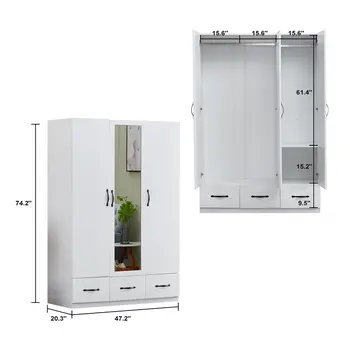 74" White Mirrored Three Door Three Drawer Combo Dresser