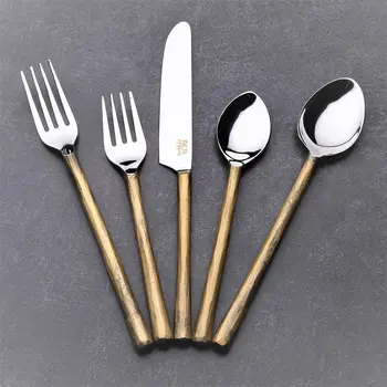 Matte Gold Stainless Steel Five Piece Hand Forged Flatware Set