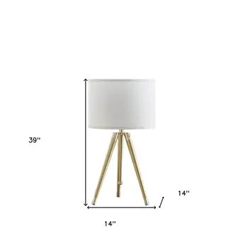 Gold Metal Adjustable Height Tripod Table Lamp With White Drum Shade