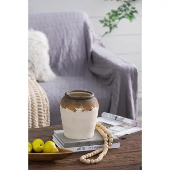 8" Ivory and Brown Ceramic Round Jug Vase