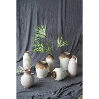 8" Ivory and Brown Ceramic Round Jug Vase