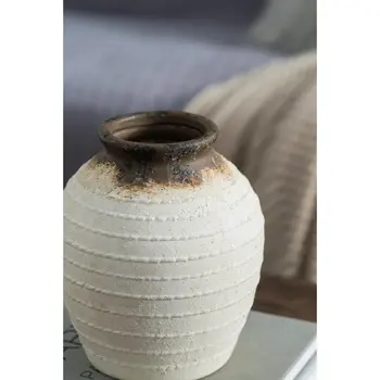 7" Ivory and Brown Ceramic Round Jug Vase