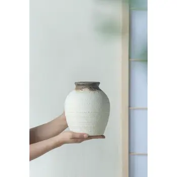 7" Ivory and Brown Ceramic Round Jug Vase