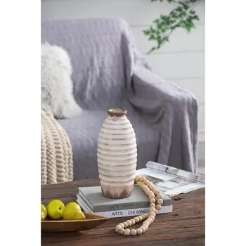 11" Ivory And Brown Round Ceramic Table Vase