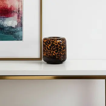 8" Beige Brown And Black Animal Print Round Glass Table Vase