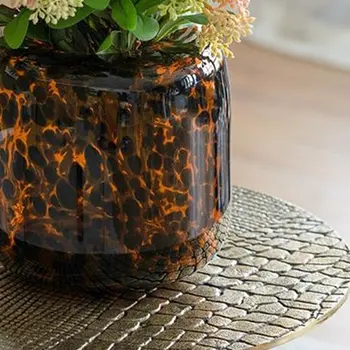 8" Beige Brown And Black Animal Print Round Glass Table Vase