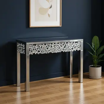 47" Silver Mirrored Glass Faux Crystal Bling Console Table
