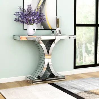 39" Silver Mirrored Glass Pedestal Console Table