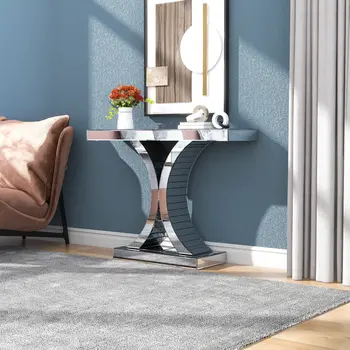 39" Silver Mirrored Glass Pedestal Console Table