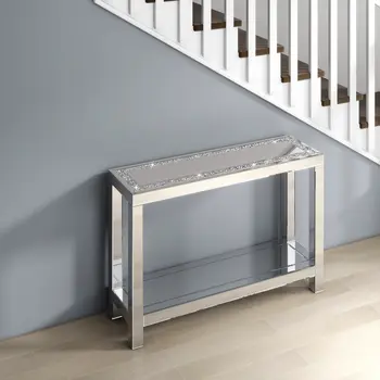47" Silver Mirrored Glass And Faux Crystals Console Table With Shelf