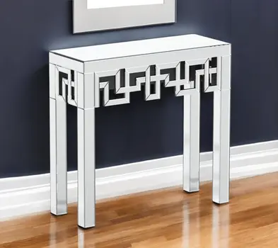 31" Silver Mirrored Glass Geo Pattern Console Table