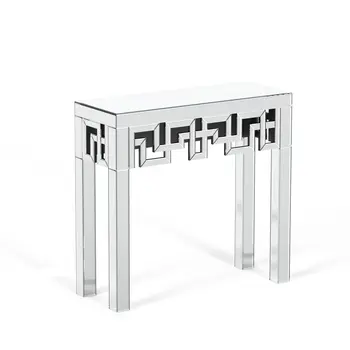 31" Silver Mirrored Glass Geo Pattern Console Table