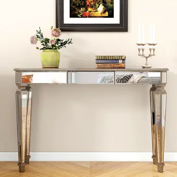 47" Silver and Gold Mirrored Glass Console Table With Drawer