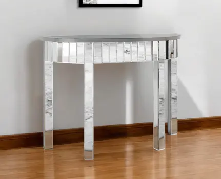39" Silver Mirrored Glass Half Moon Console Table With Drawer