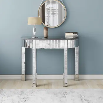 39" Silver Mirrored Glass Half Moon Console Table With Drawer