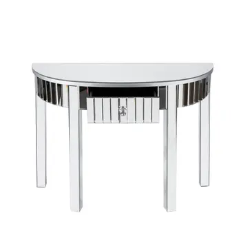 39" Silver Mirrored Glass Half Moon Console Table With Drawer