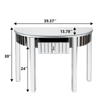 39" Silver Mirrored Glass Half Moon Console Table With Drawer