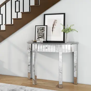 39" Silver Mirrored Glass Half Moon Console Table With Drawer
