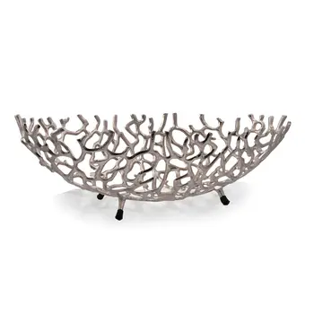 22" Silver Aluminum Faux Coral Oval Centerpiece Bowl