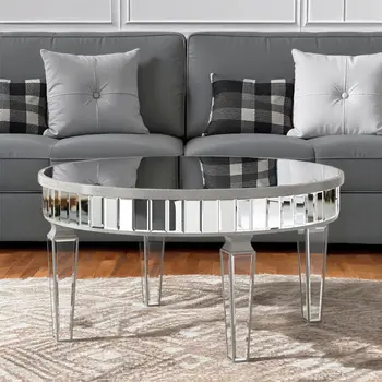 32" Silver Mirrored Glass Round Coffee Table
