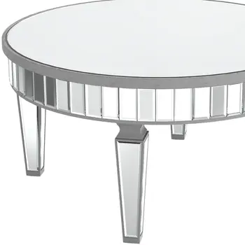 32" Silver Mirrored Glass Round Coffee Table