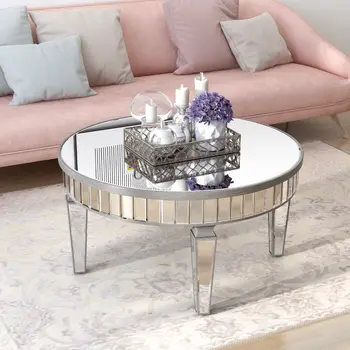 32" Silver Mirrored Glass Round Coffee Table