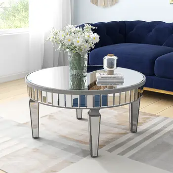 32" Silver Mirrored Glass Round Coffee Table