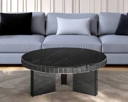 35" Silver And Black Mirrored Glass and Faux Marble Round Coffee Table