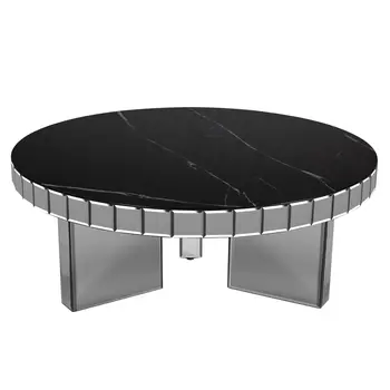 35" Silver And Black Mirrored Glass and Faux Marble Round Coffee Table