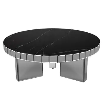 35" Silver And Black Mirrored Glass and Faux Marble Round Coffee Table