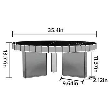 35" Silver And Black Mirrored Glass and Faux Marble Round Coffee Table