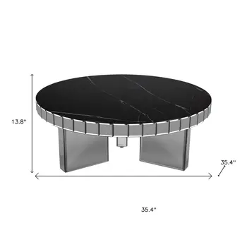 35" Silver And Black Mirrored Glass and Faux Marble Round Coffee Table