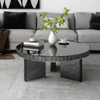 35" Silver And Black Mirrored Glass and Faux Marble Round Coffee Table