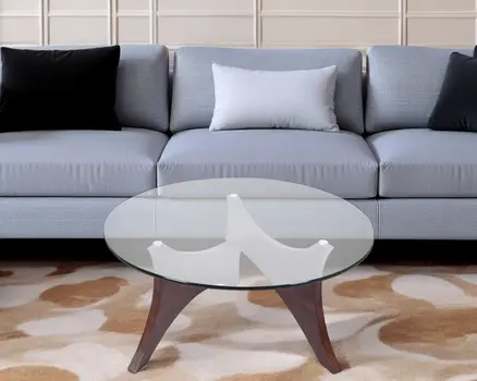 35" Clear And Brown Glass And Wood Round Coffee Table