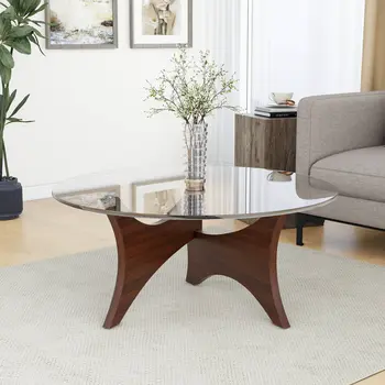 35" Clear And Brown Glass And Wood Round Coffee Table