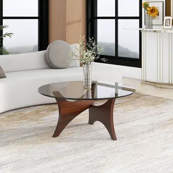 35" Clear And Brown Glass And Wood Round Coffee Table
