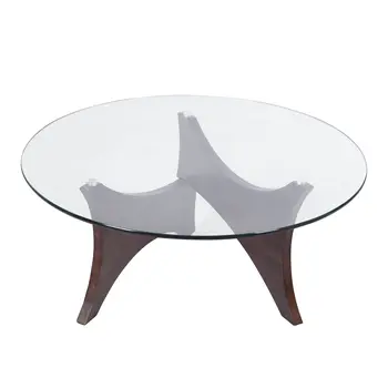 35" Clear And Brown Glass And Wood Round Coffee Table