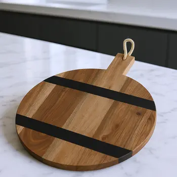 15" Natural And Black Solid Wood Striped Handmade Round Cheese Board With Handle