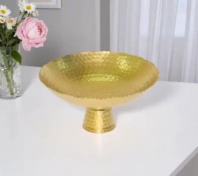 13" Gold Aluminum Torn Edge Round Pedestal Centerpiece Bowl