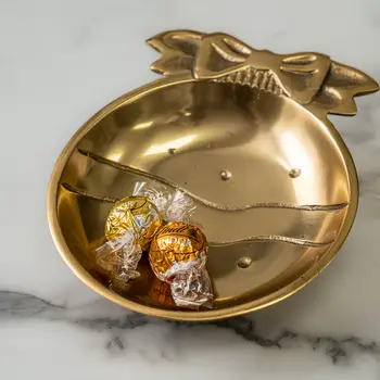 6" Gold Aluminum Christmas Ornament Round Candy or Nut Bowl