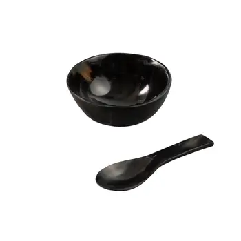 4" Black Horn Round Candy or Nut Bowl With Mini Spoon