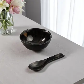 4" Black Horn Round Candy or Nut Bowl With Mini Spoon