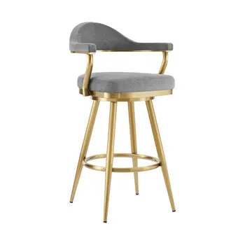 26" Gray and Gold Fabric and Stainless Steel Counter Height Swivel Bar Chair