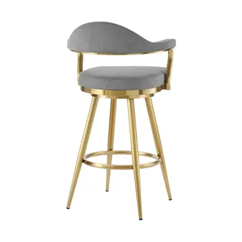 26" Gray and Gold Fabric and Stainless Steel Counter Height Swivel Bar Chair