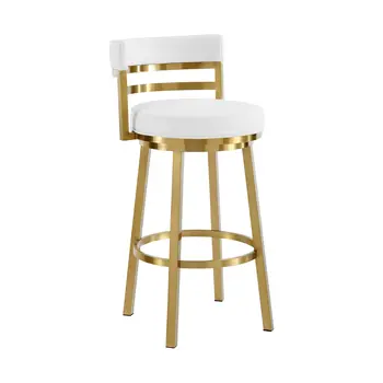 30" White and Gold Faux Leather and Stainless Steel Low Back Bar Height Swivel Bar Chair