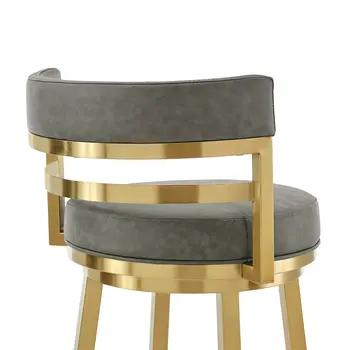 26" Gray and Gold Faux Leather and Stainless Steel Low Back Counter Height Swivel Bar Chair