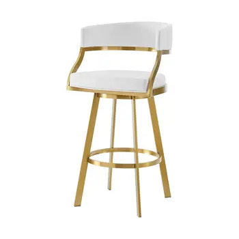 26" White and Gold Faux Leather and Stainless Steel Low Back Counter Height Swivel Bar Chair